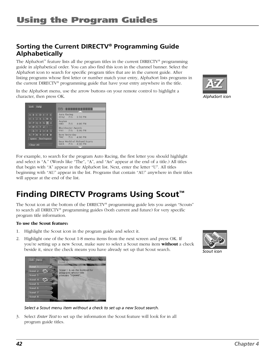 DirecTV HD65W20 manual Finding Directv Programs Using Scout, To use the Scout feature 