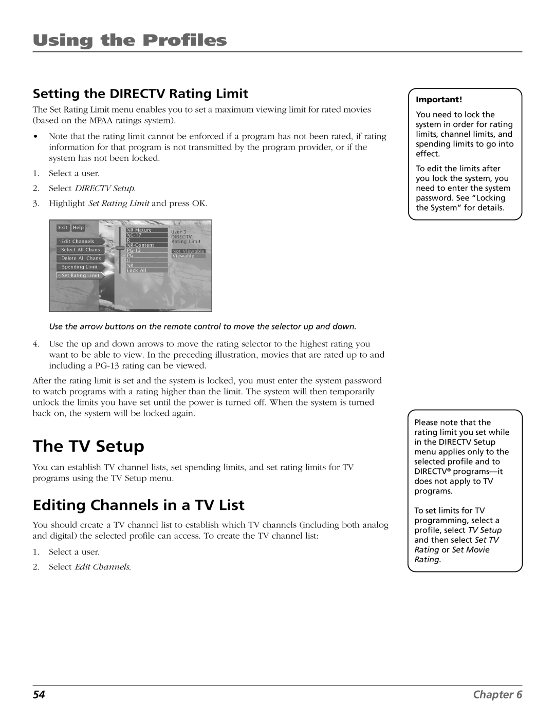 DirecTV HD65W20 manual TV Setup, Editing Channels in a TV List, Setting the Directv Rating Limit 