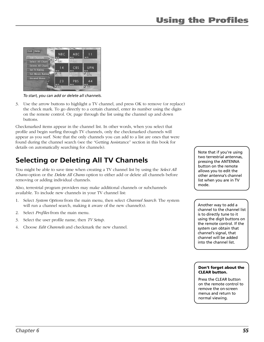 DirecTV HD65W20 manual Selecting or Deleting All TV Channels, Don’t forget about the Clear button 