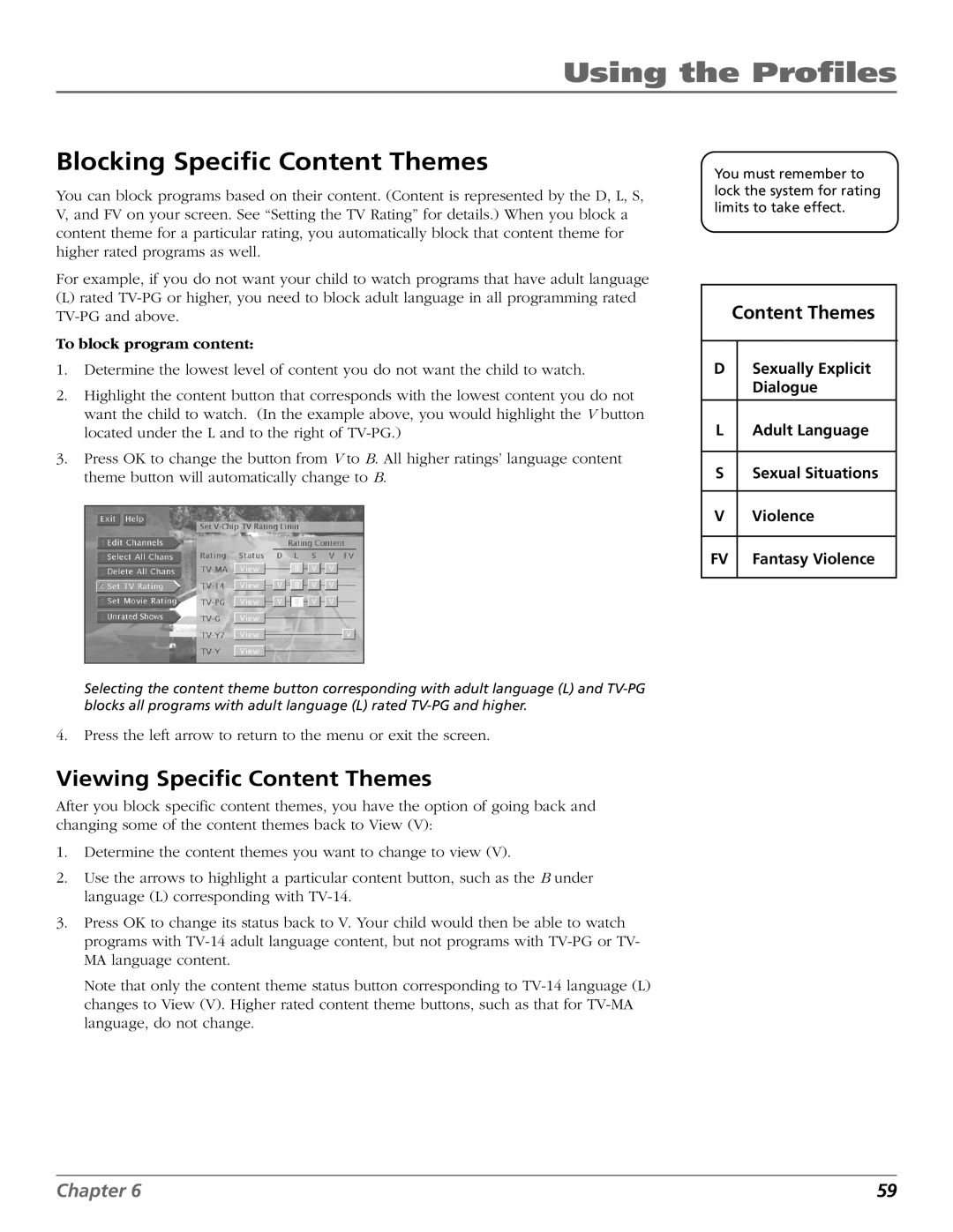 DirecTV HD65W20 manual Blocking Specific Content Themes, Viewing Specific Content Themes, To block program content 