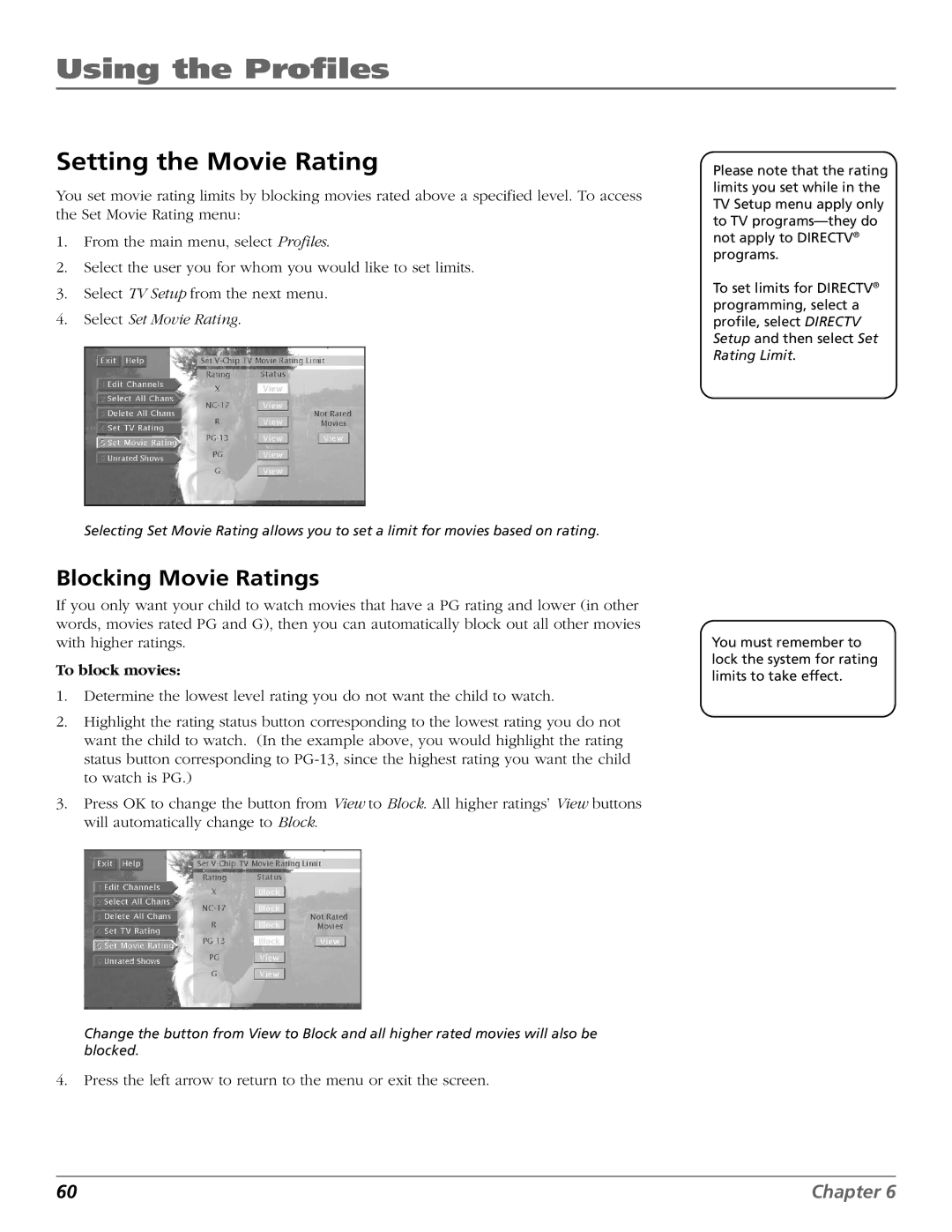 DirecTV HD65W20 manual Setting the Movie Rating, Blocking Movie Ratings, To block movies 