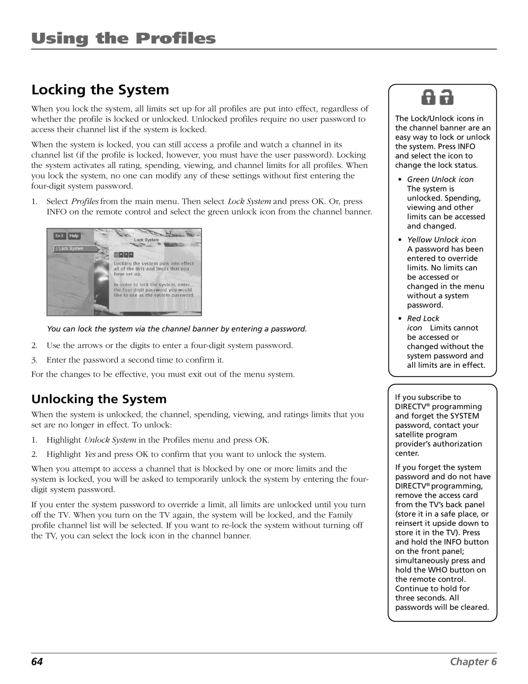 DirecTV HD65W20 manual Locking the System, Unlocking the System 