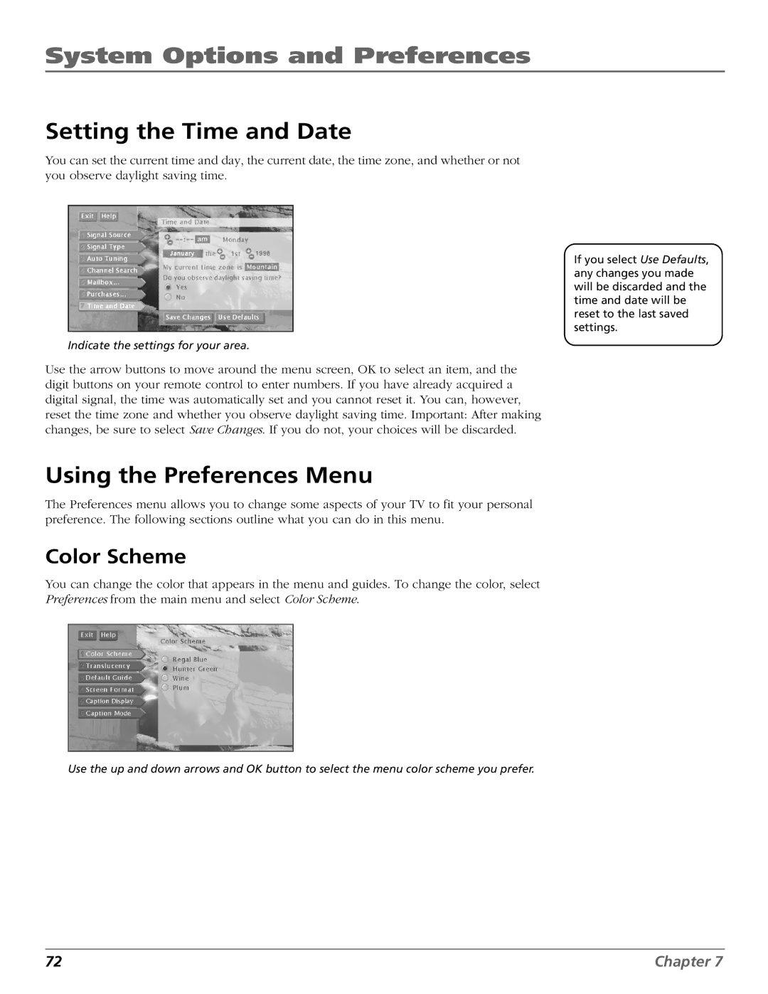 DirecTV HD65W20 manual Setting the Time and Date, Using the Preferences Menu, Color Scheme 