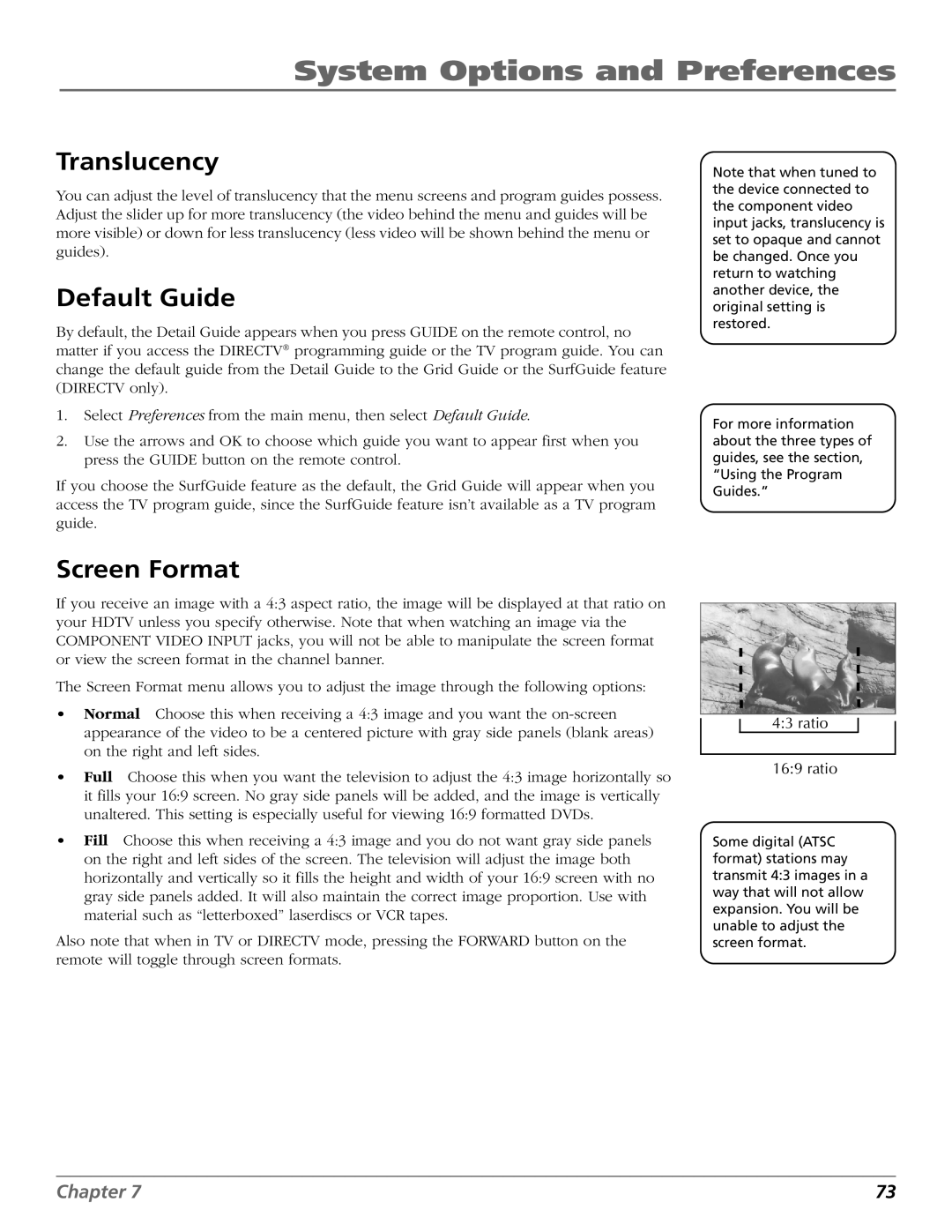 DirecTV HD65W20 manual Translucency, Default Guide, Screen Format 