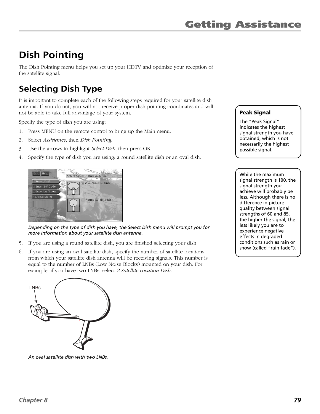 DirecTV HD65W20 manual Dish Pointing, Selecting Dish Type 