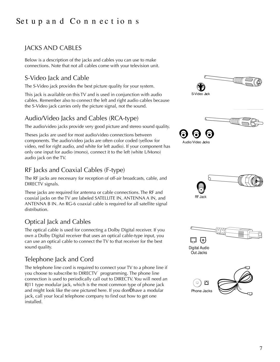 DirecTV HDTV user manual Jacks and Cables 