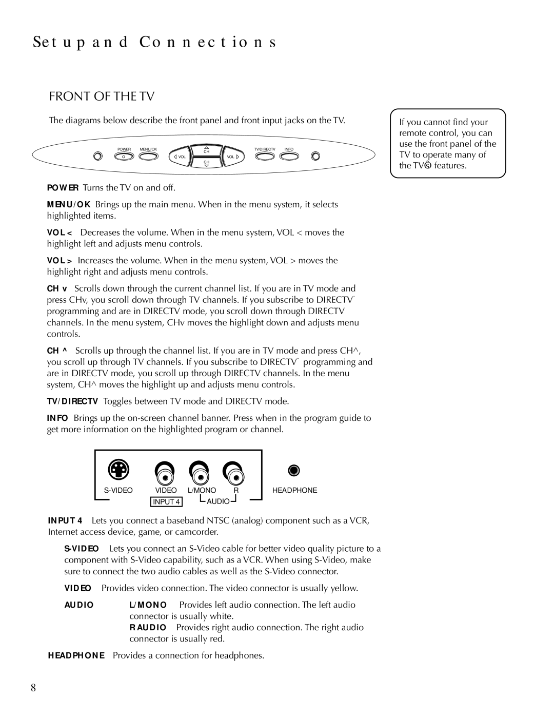 DirecTV HDTV user manual Front of the TV, Audio 