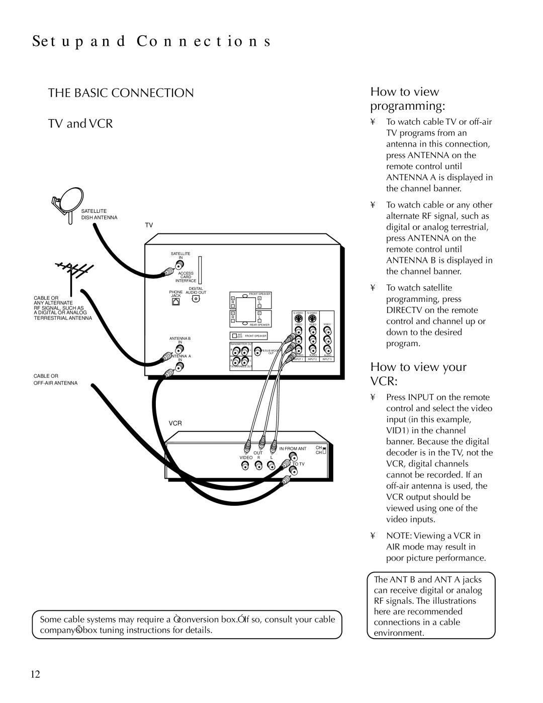 DirecTV HDTV user manual Basic Connection, TV and VCR, How to view programming, How to view your VCR 