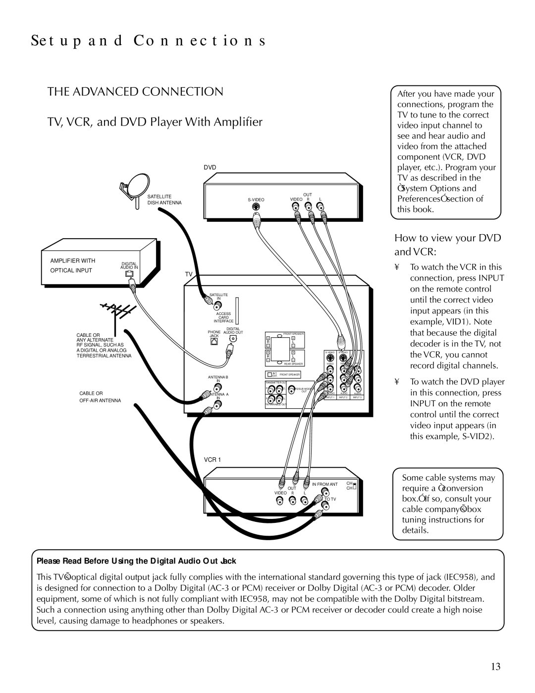 DirecTV HDTV user manual Advanced Connection, TV, VCR, and DVD Player With Amplifier 