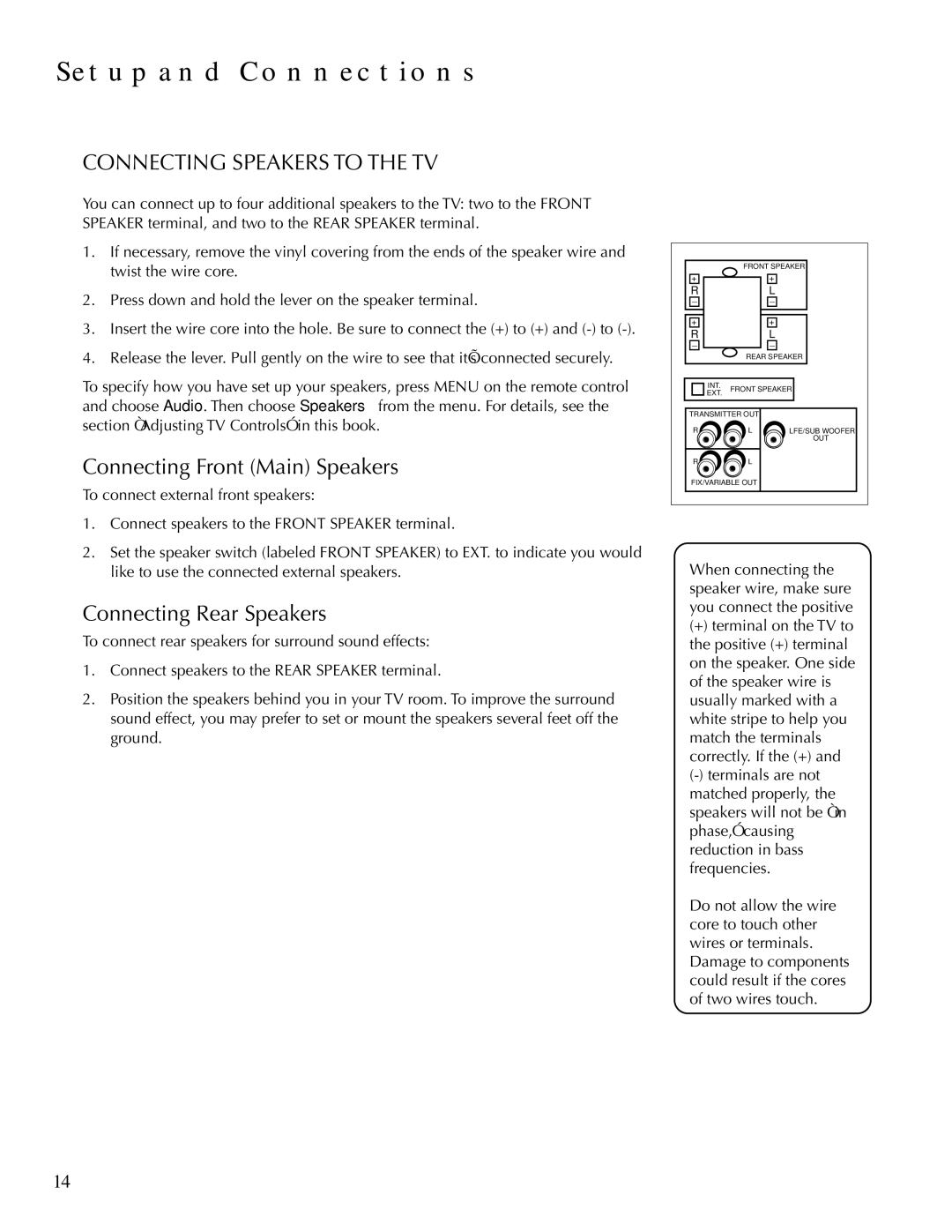 DirecTV HDTV user manual Connecting Speakers to the TV, Connecting Front Main Speakers, Connecting Rear Speakers 