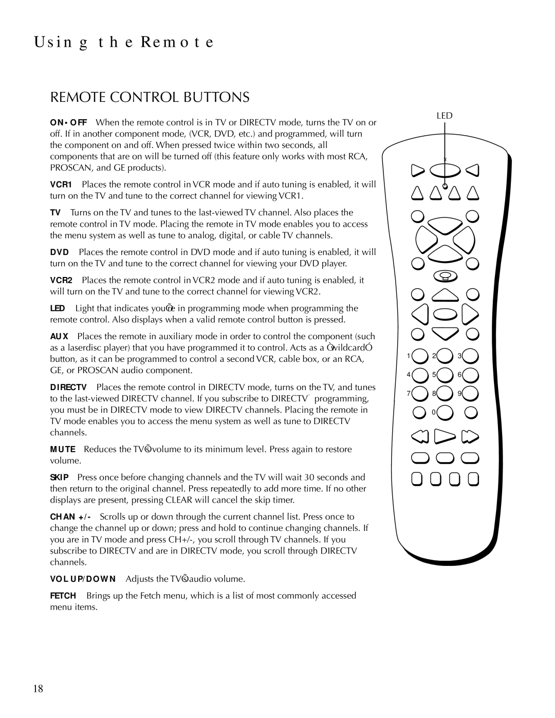 DirecTV HDTV user manual Using the Remote, Remote Control Buttons 