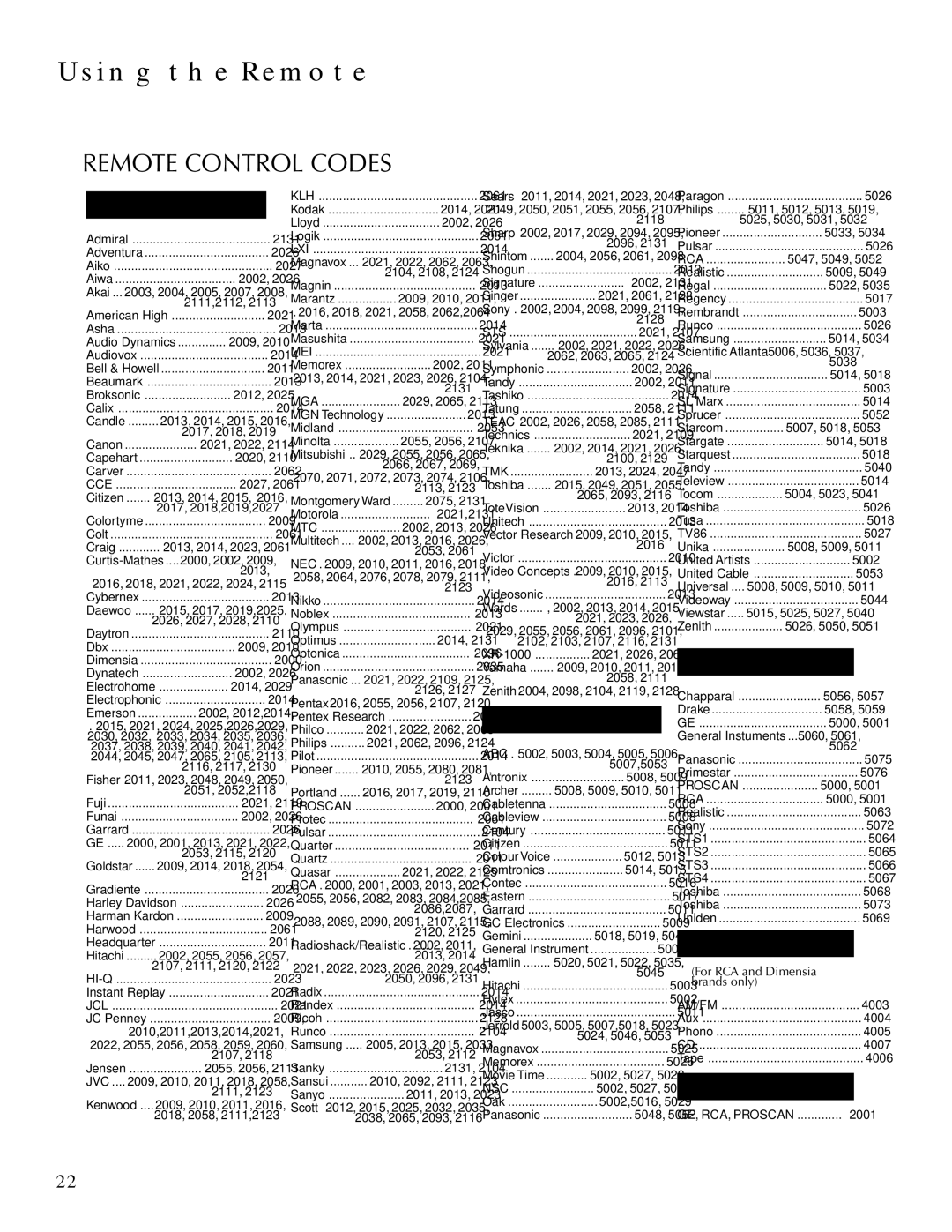 DirecTV HDTV user manual Remote Control Codes, Vcr 