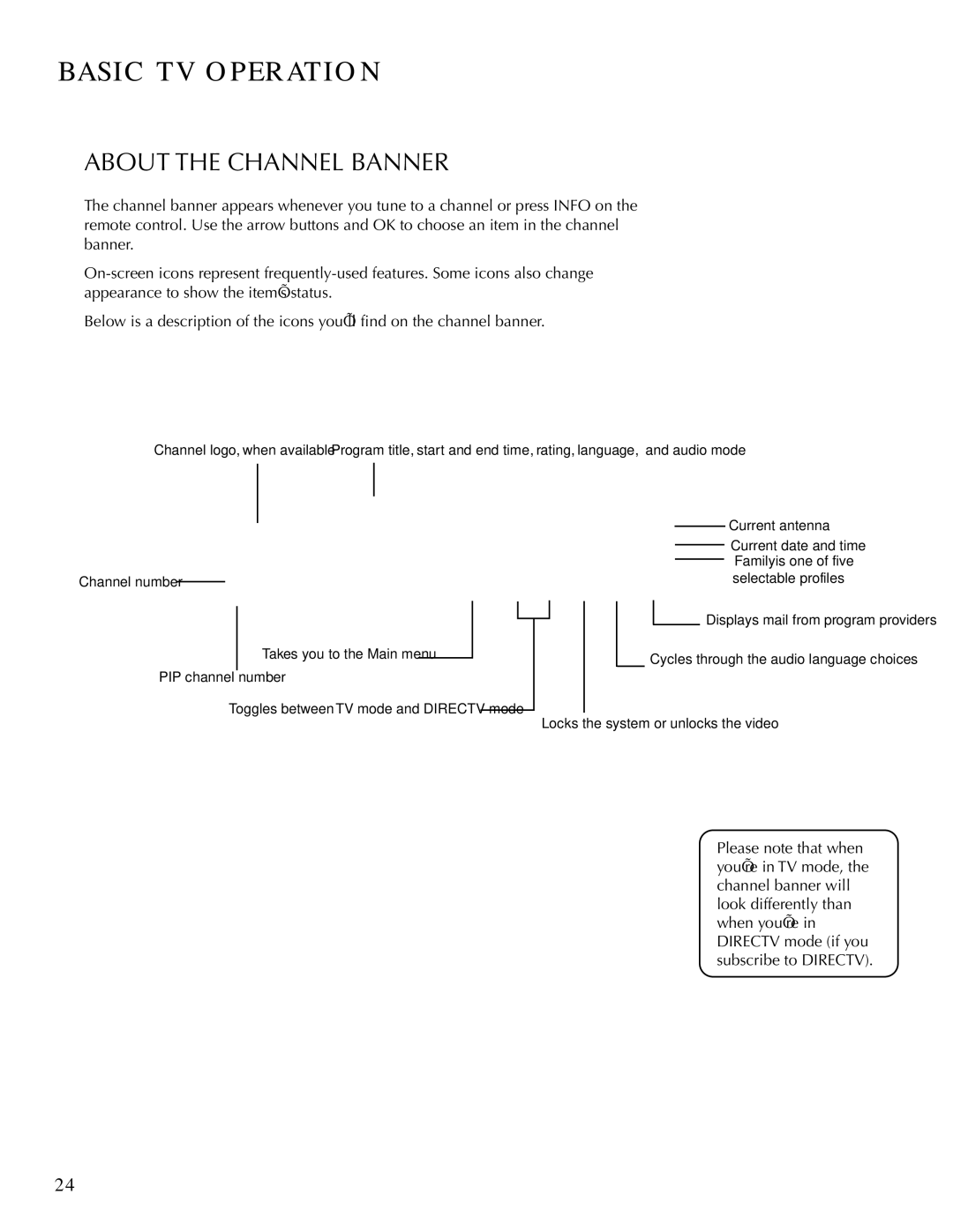 DirecTV HDTV user manual Basic TV Operation, About the Channel Banner 