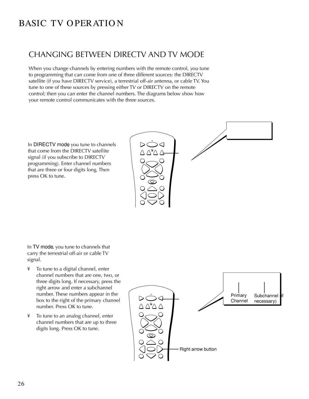 DirecTV HDTV user manual Changing Between Directv and TV Mode 