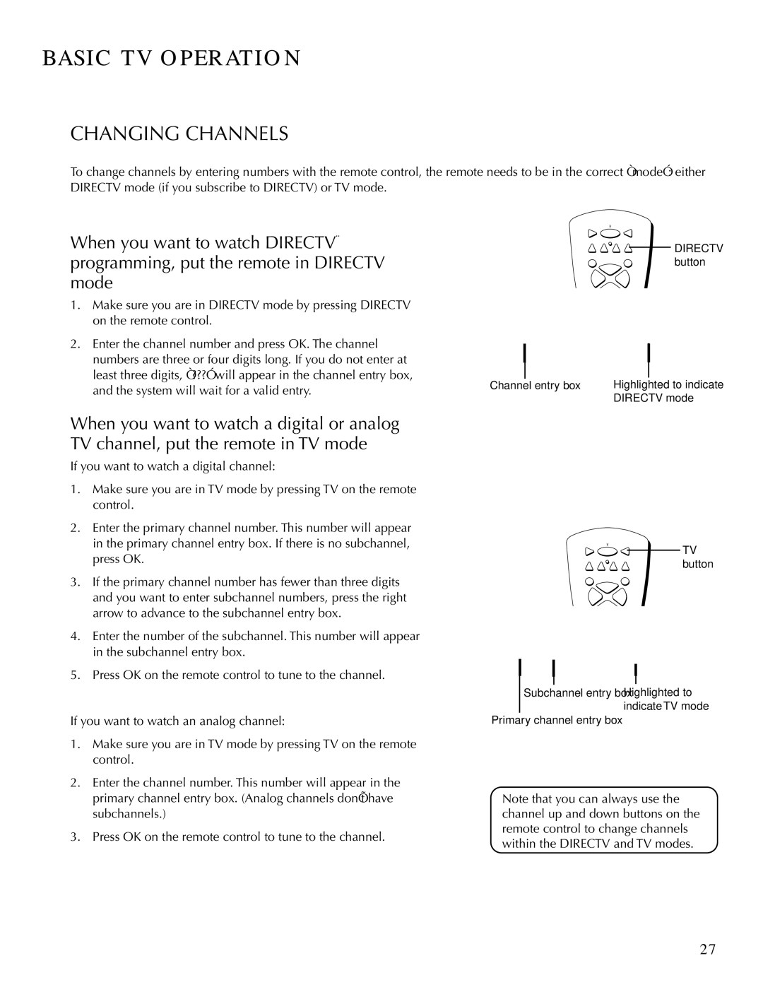 DirecTV HDTV user manual Changing Channels, Mode 