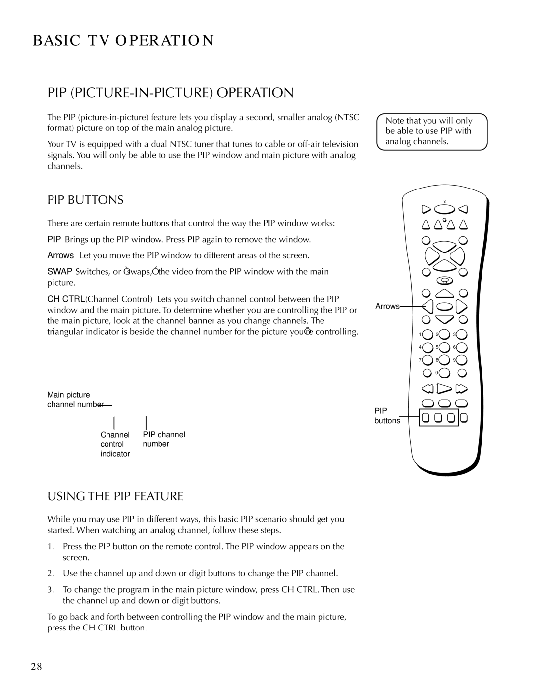 DirecTV HDTV user manual PIP PICTURE-IN-PICTURE Operation, PIP Buttons, Using the PIP Feature 