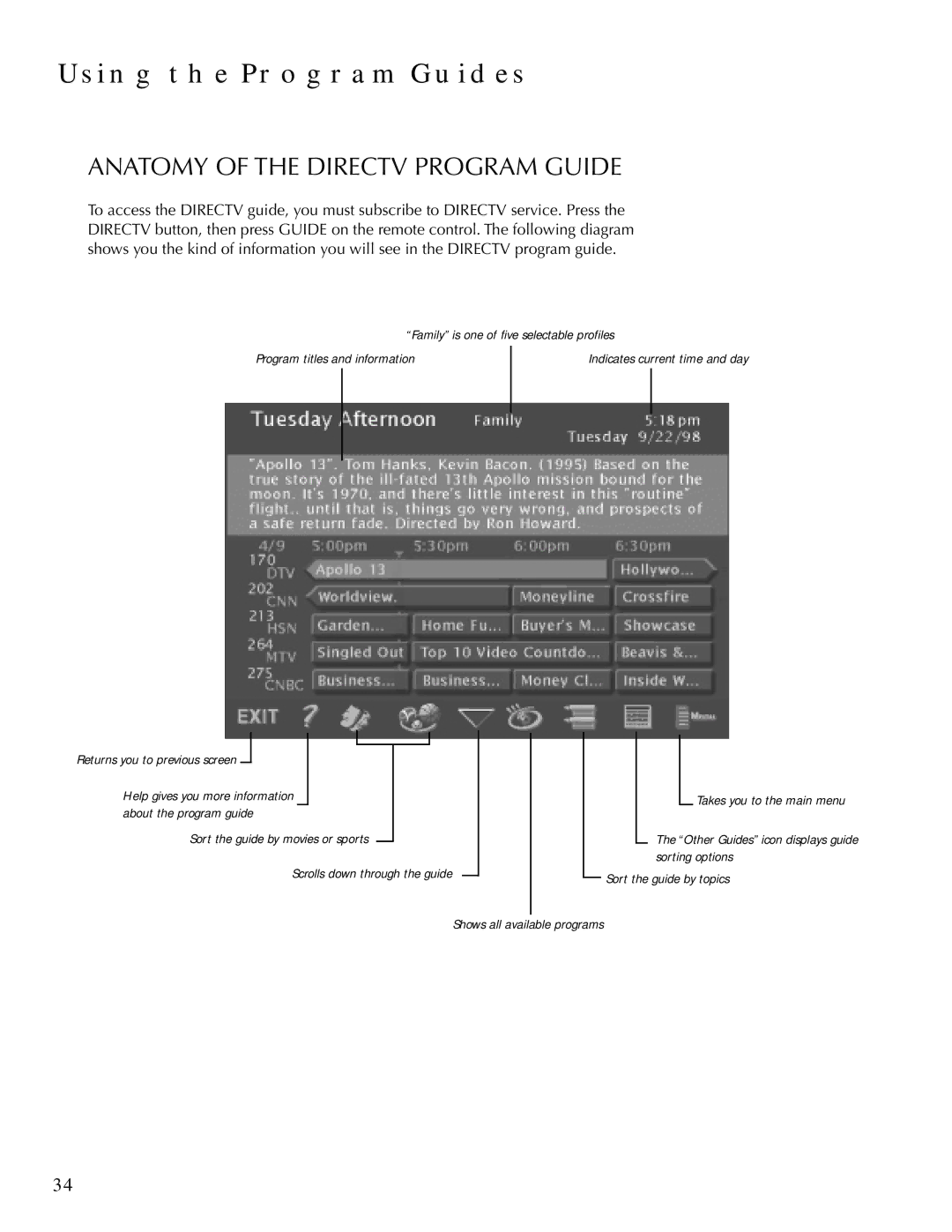 DirecTV HDTV user manual Anatomy of the Directv Program Guide 