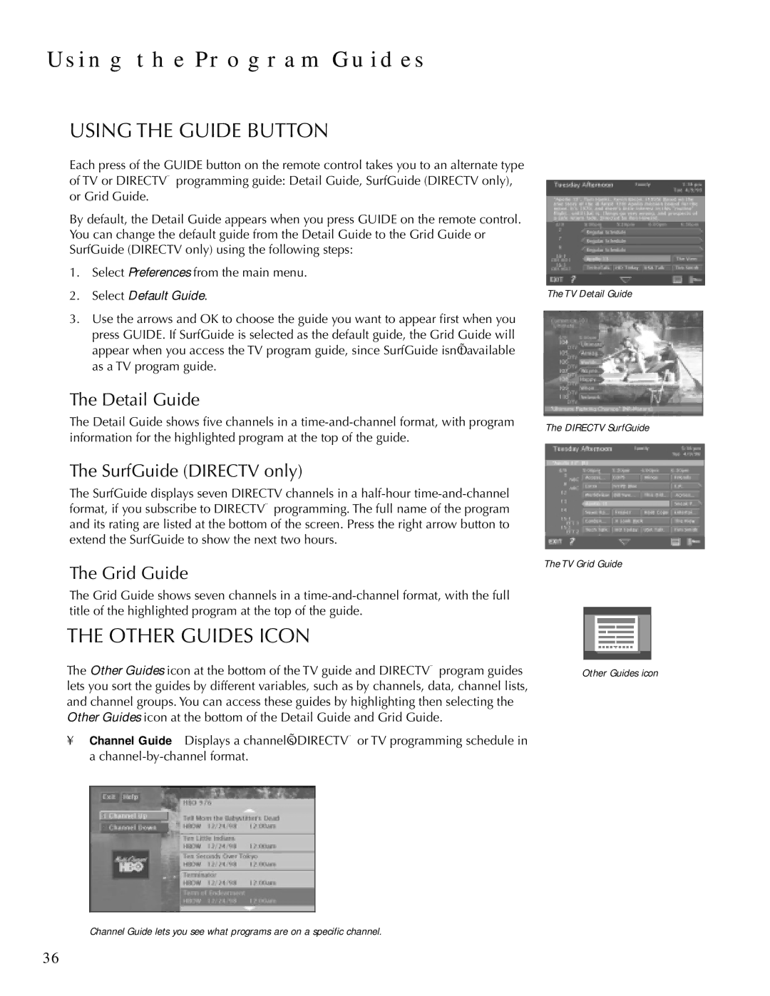 DirecTV HDTV user manual Using the Guide Button, Other Guides Icon, Detail Guide, SurfGuide Directv only, Grid Guide 