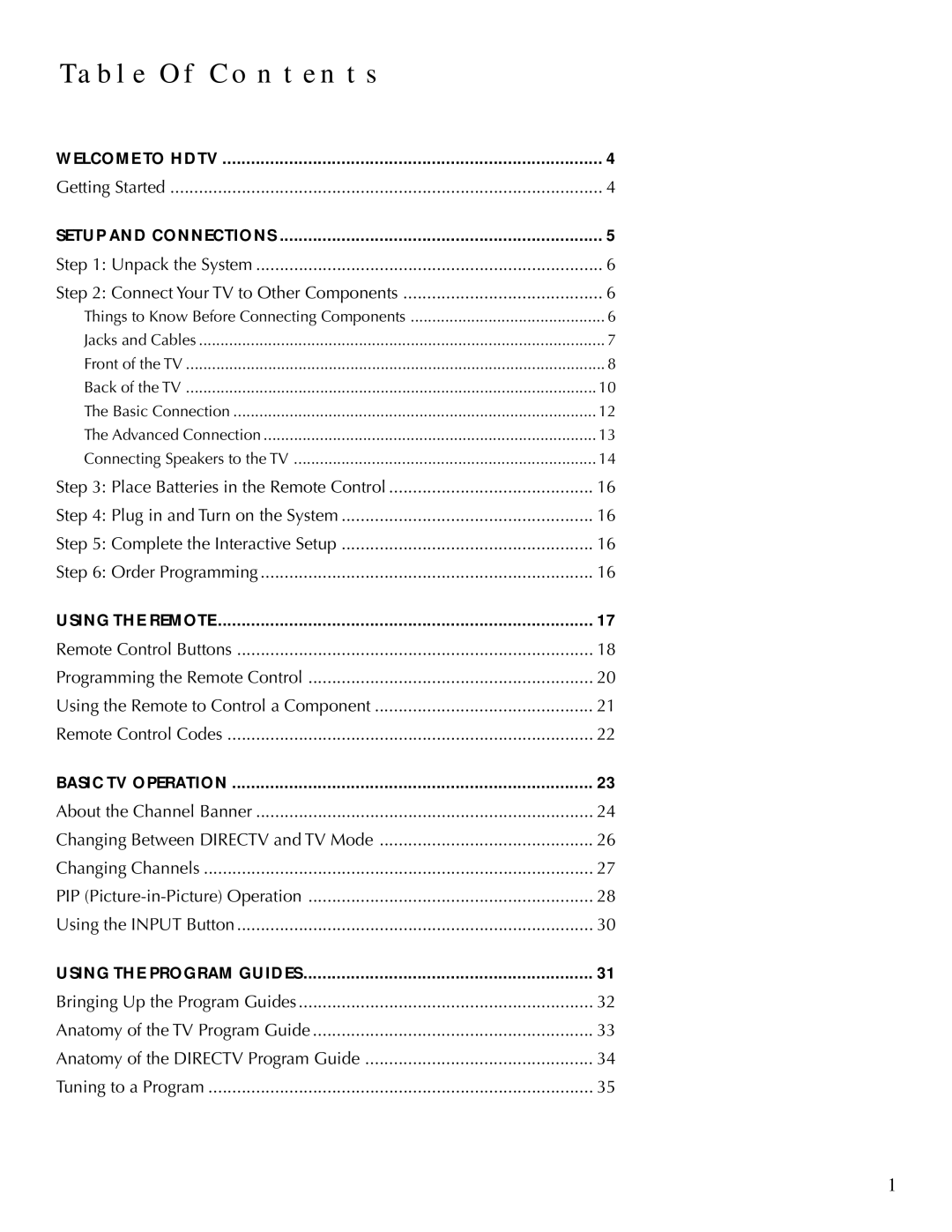 DirecTV HDTV user manual Table of Contents 