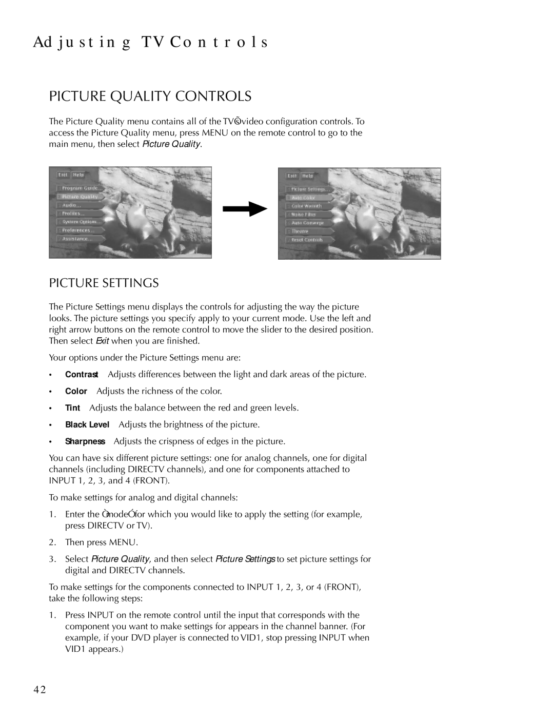 DirecTV HDTV user manual Adjusting TV Controls, Picture Quality Controls, Picture Settings 