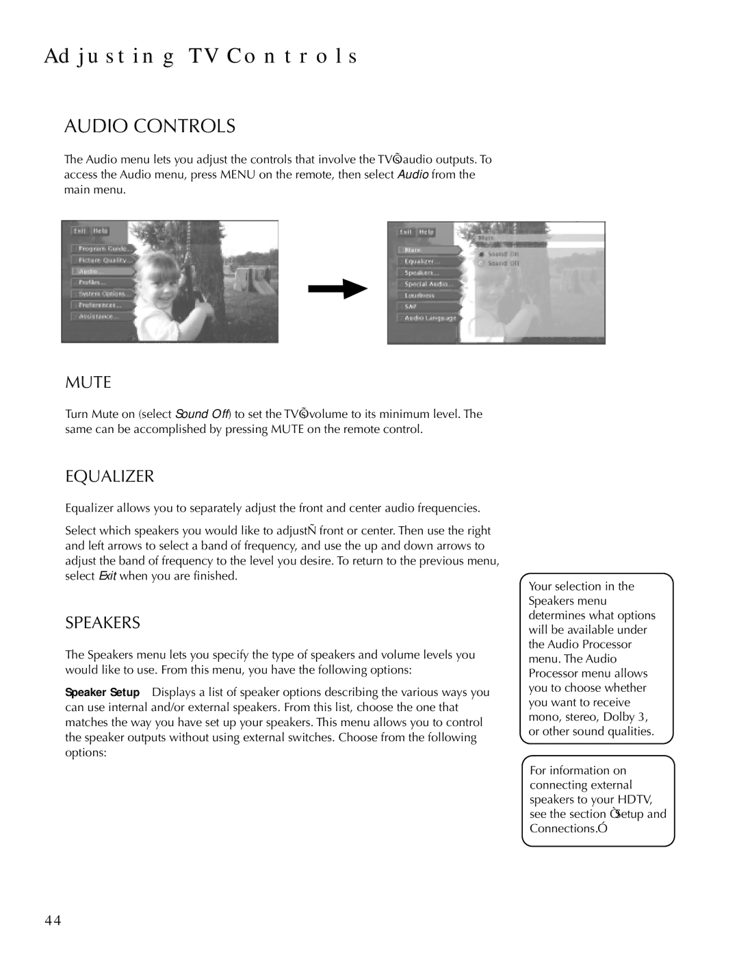 DirecTV HDTV user manual Audio Controls, Mute, Equalizer, Speakers 