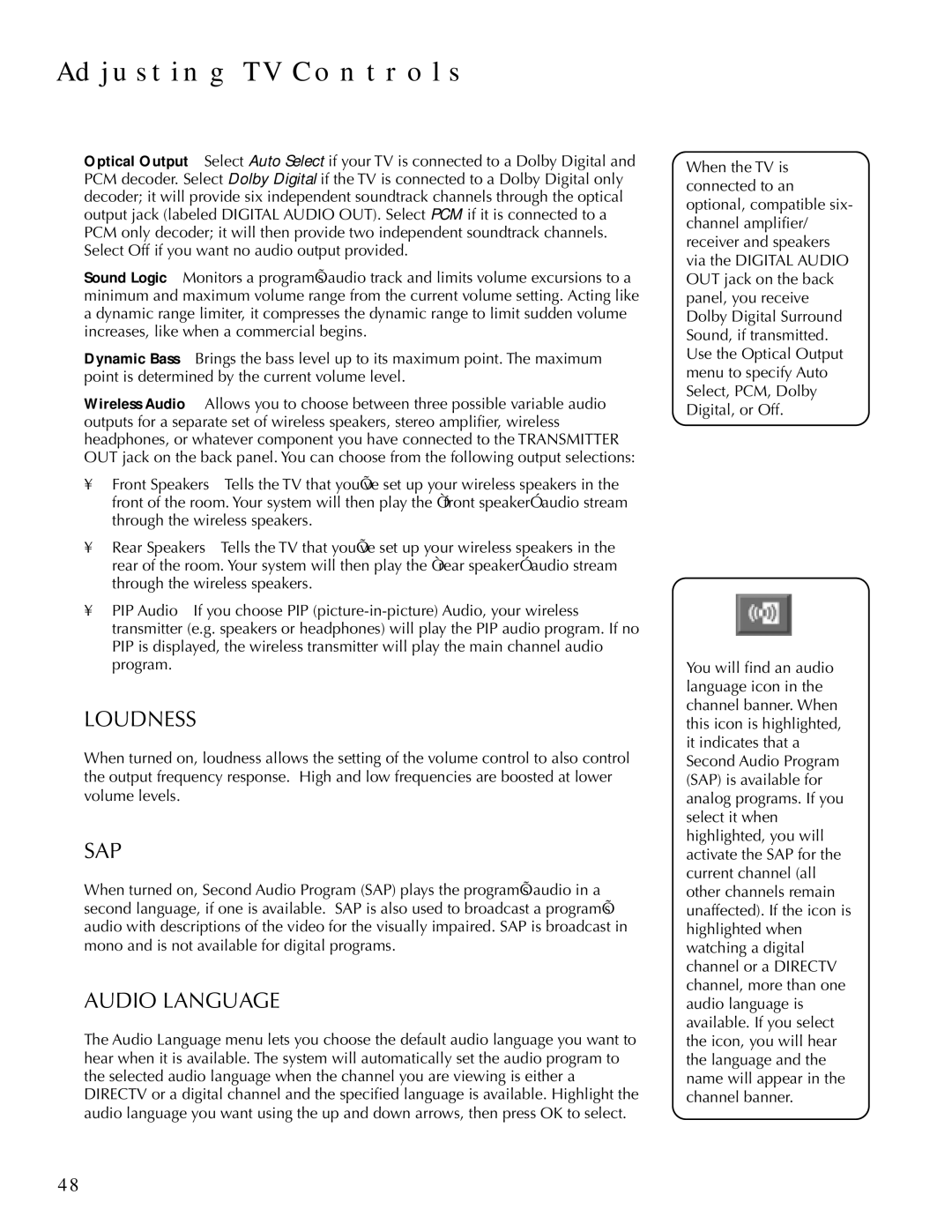 DirecTV HDTV user manual Loudness, Sap, Audio Language 