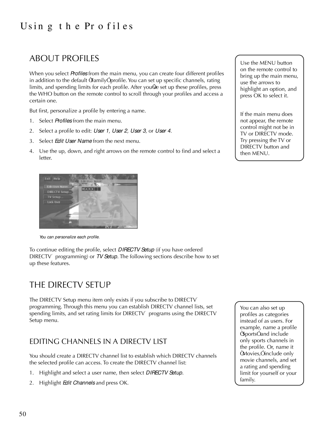 DirecTV HDTV user manual Using the Profiles, About Profiles, Directv Setup, Editing Channels in a Directv List 