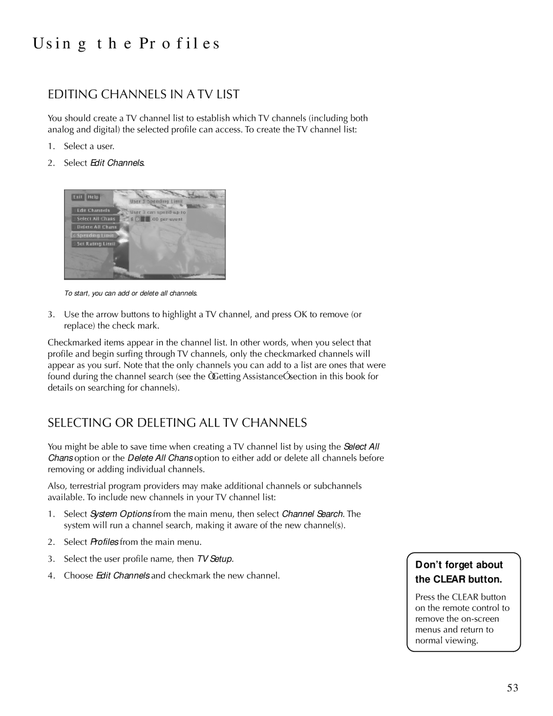 DirecTV HDTV user manual Editing Channels in a TV List, Selecting or Deleting ALL TV Channels 