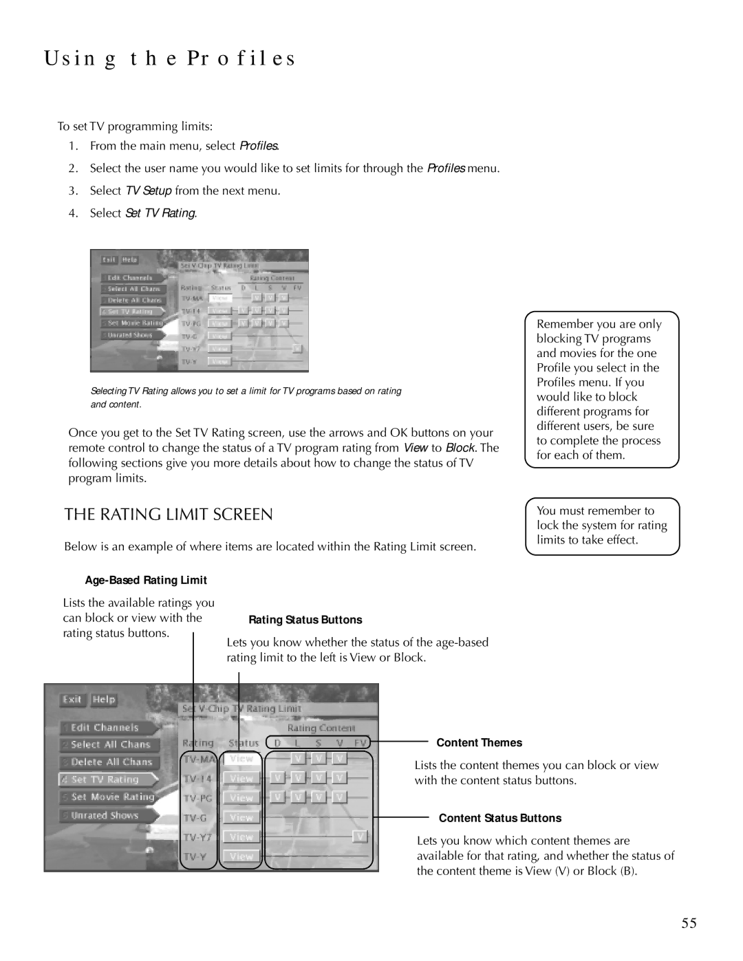 DirecTV HDTV user manual Rating Limit Screen, Select Set TV Rating 