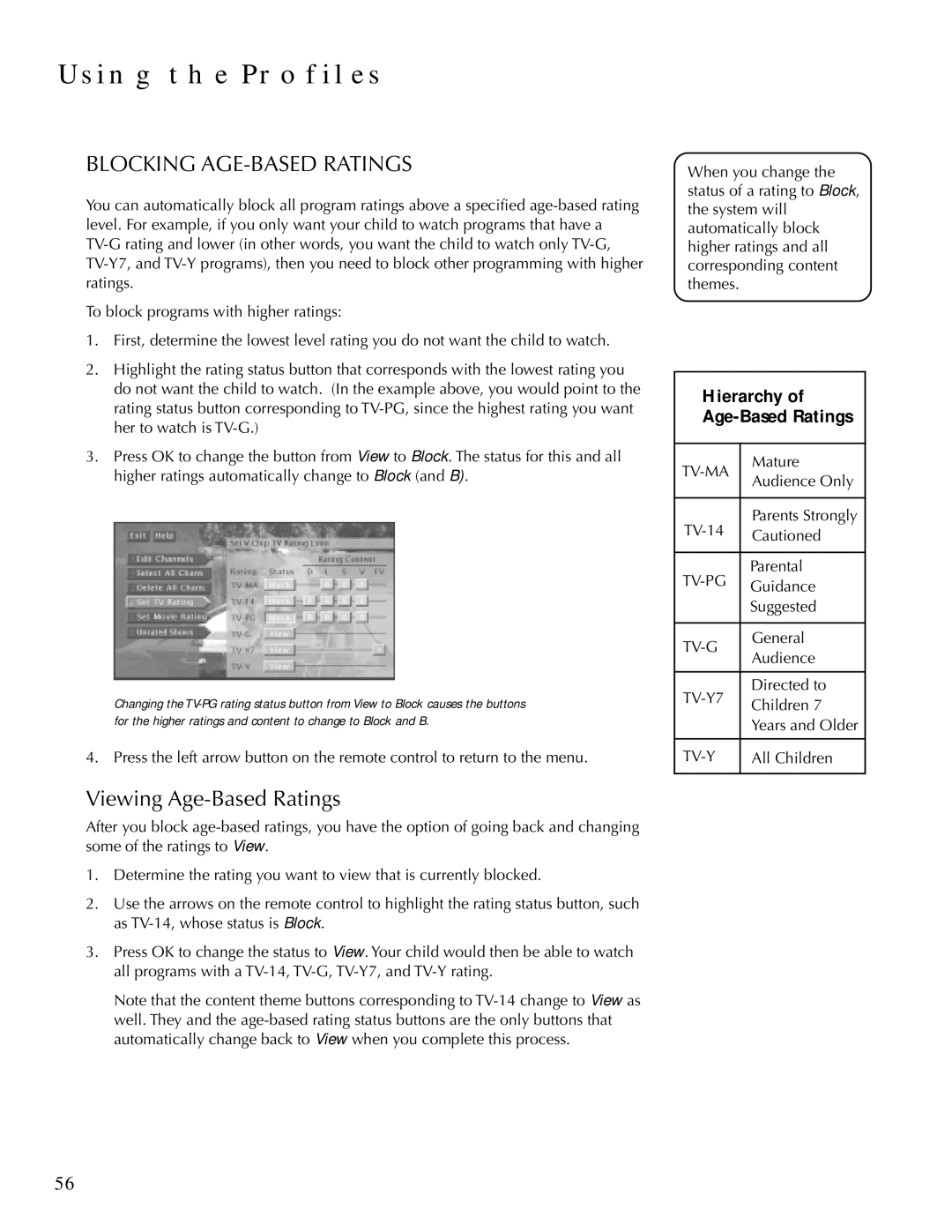 DirecTV HDTV user manual Blocking AGE-BASED Ratings, Viewing Age-Based Ratings 