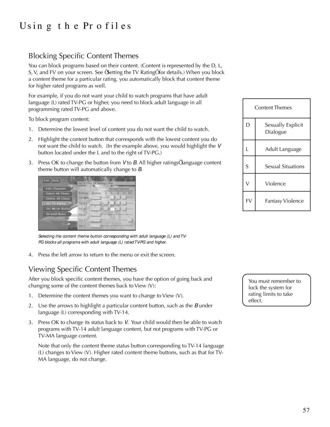 DirecTV HDTV user manual Blocking Specific Content Themes, Viewing Specific Content Themes 