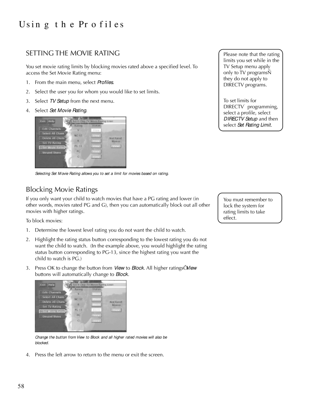 DirecTV HDTV user manual Setting the Movie Rating, Blocking Movie Ratings 