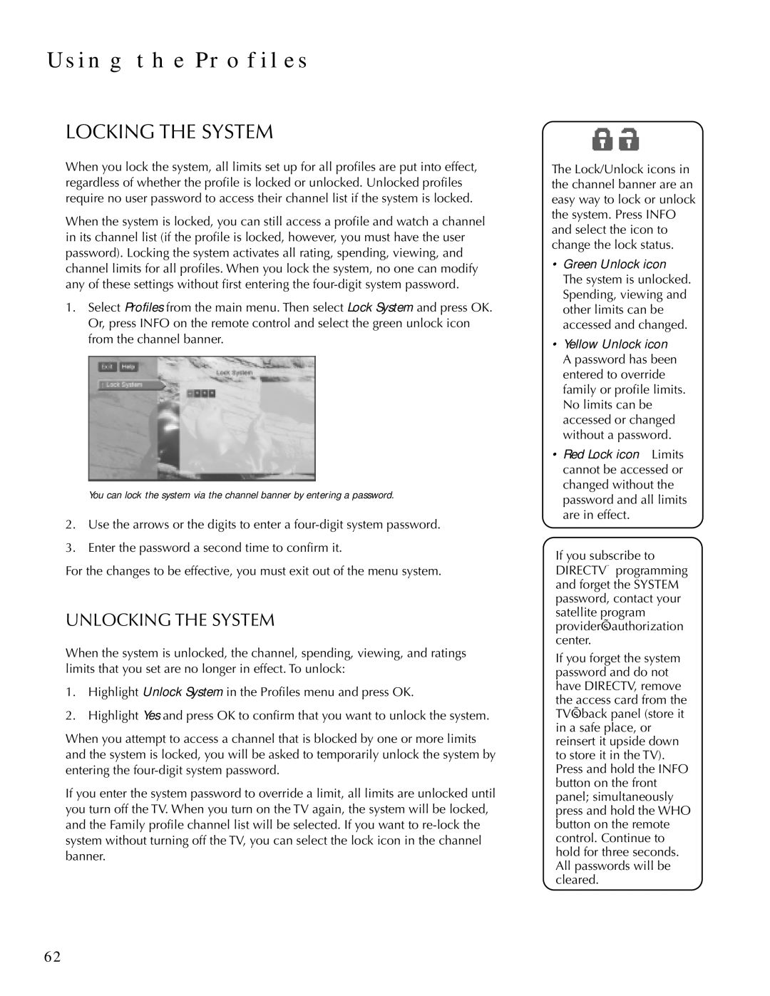 DirecTV HDTV user manual Locking the System, Unlocking the System 