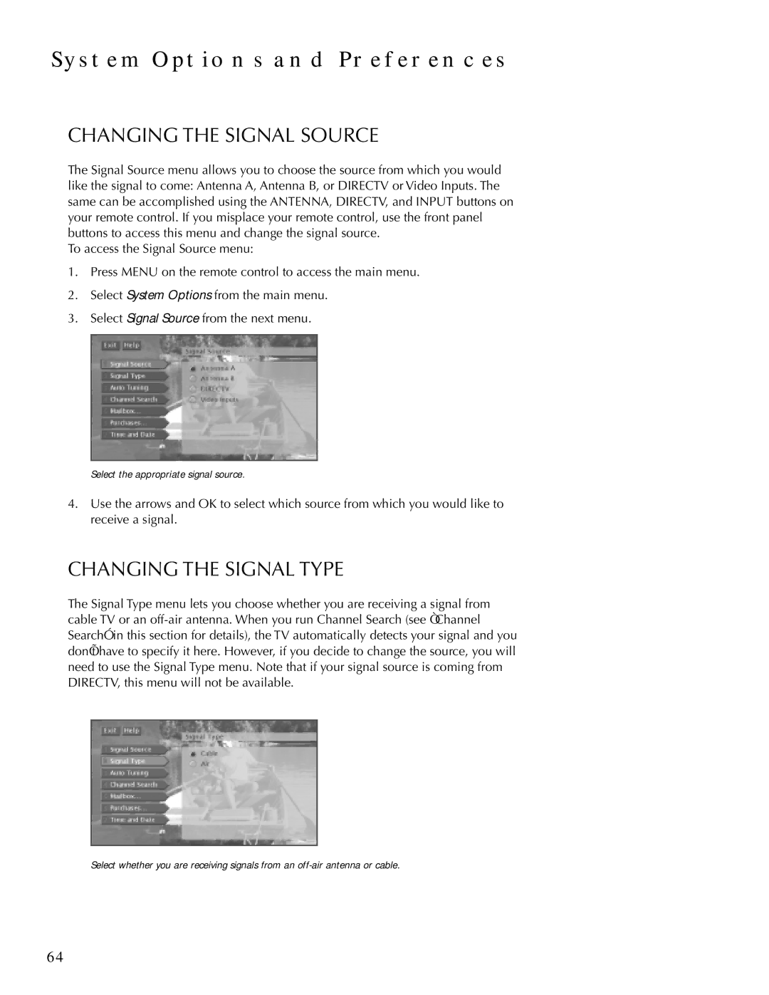 DirecTV HDTV user manual System Options and Preferences, Changing the Signal Source, Changing the Signal Type 