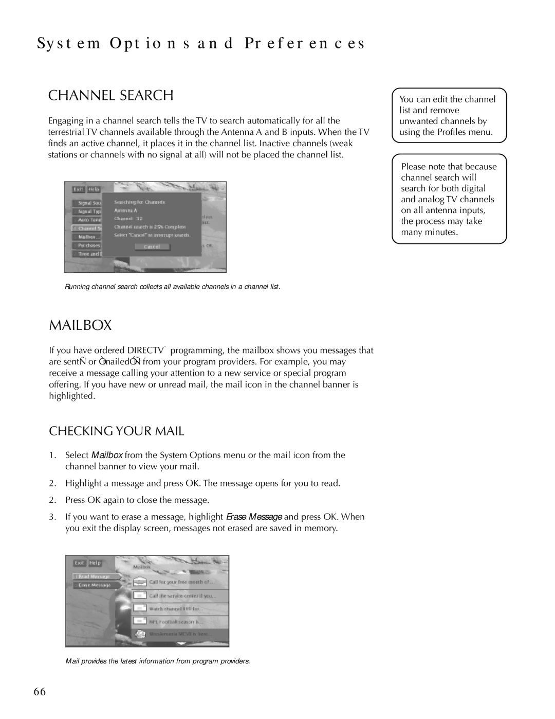 DirecTV HDTV user manual Channel Search, Mailbox, Checking Your Mail 