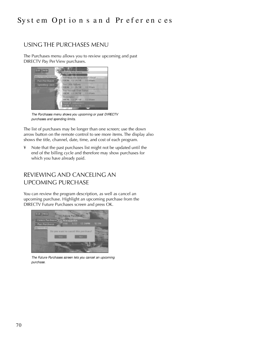 DirecTV HDTV user manual Using the Purchases Menu, Reviewing and Canceling AN Upcoming Purchase 