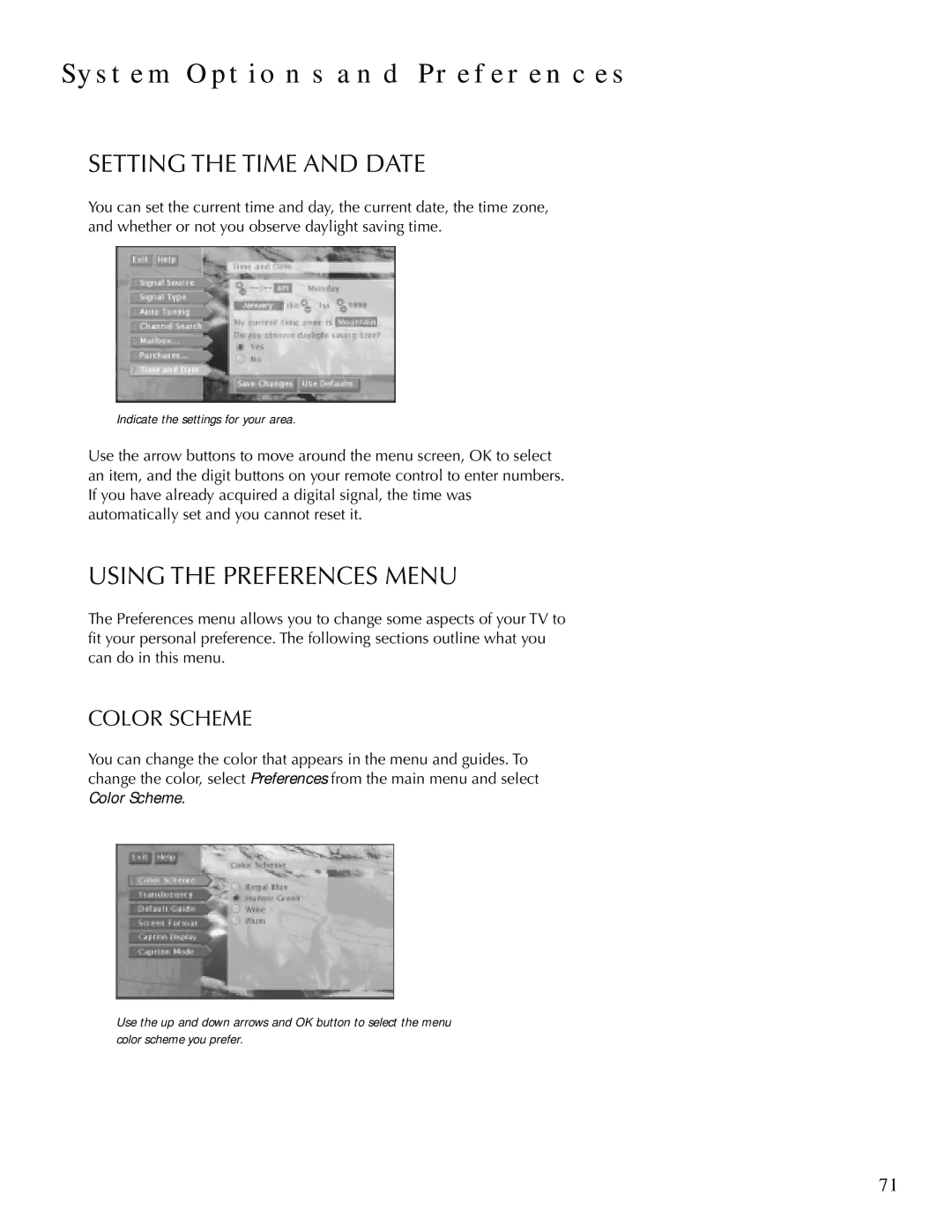 DirecTV HDTV user manual Setting the Time and Date, Using the Preferences Menu, Color Scheme 