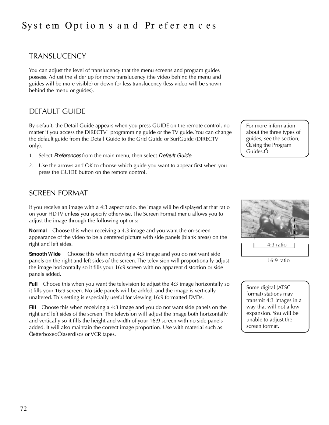 DirecTV HDTV user manual Translucency, Default Guide, Screen Format 