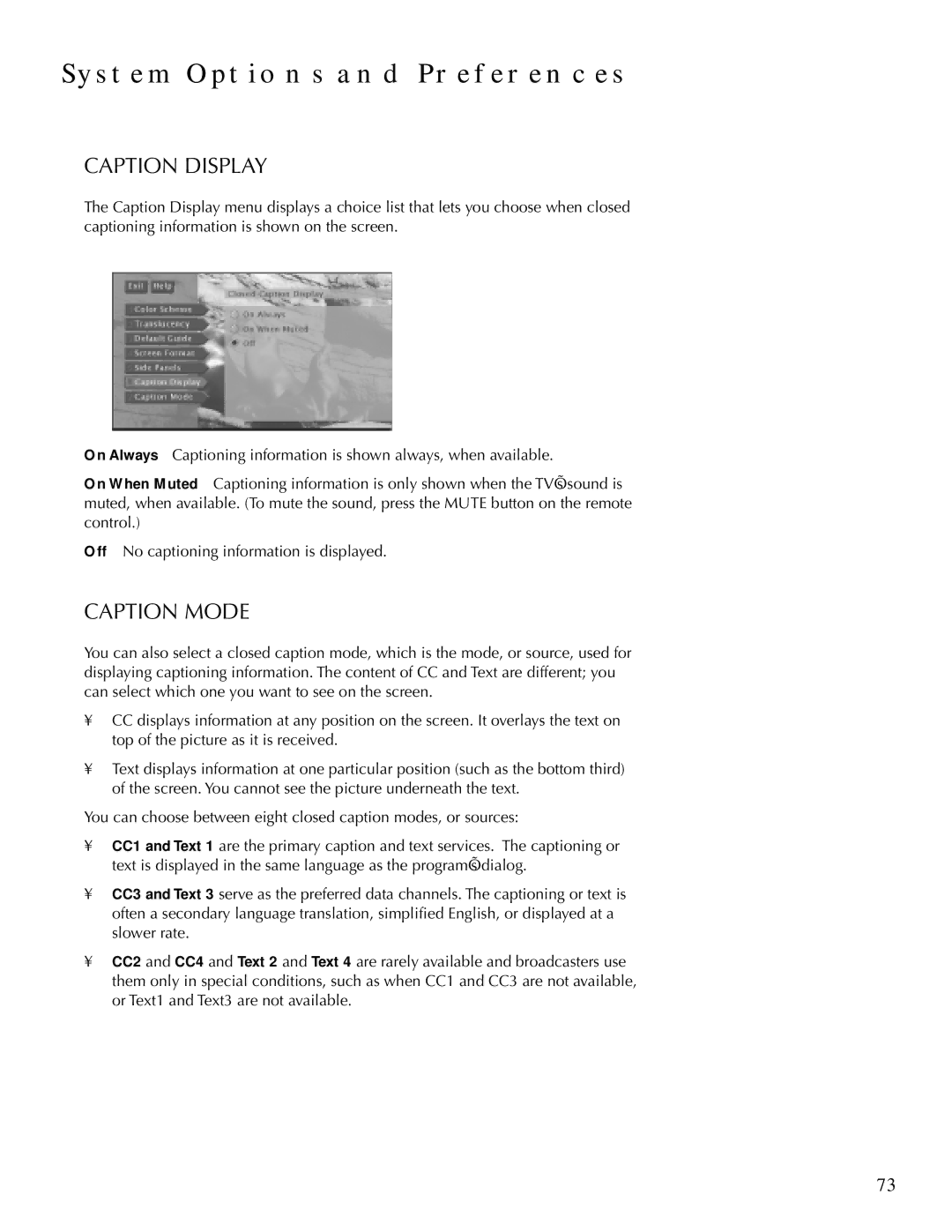 DirecTV HDTV user manual Caption Display, Caption Mode 