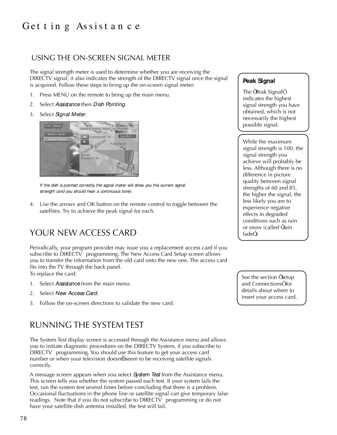 DirecTV HDTV user manual Your NEW Access Card, Running the System Test, Using the ON-SCREEN Signal Meter 