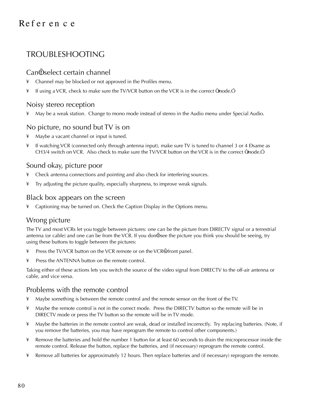 DirecTV HDTV user manual Reference, Troubleshooting 