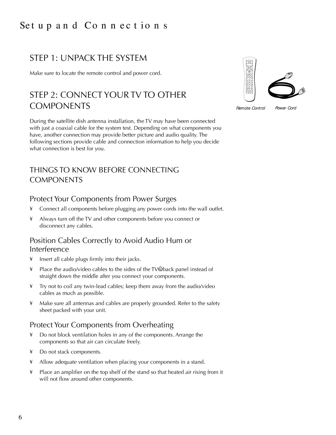 DirecTV HDTV user manual Setup and Connections, Unpack the System, Connect Your TV to Other Components 