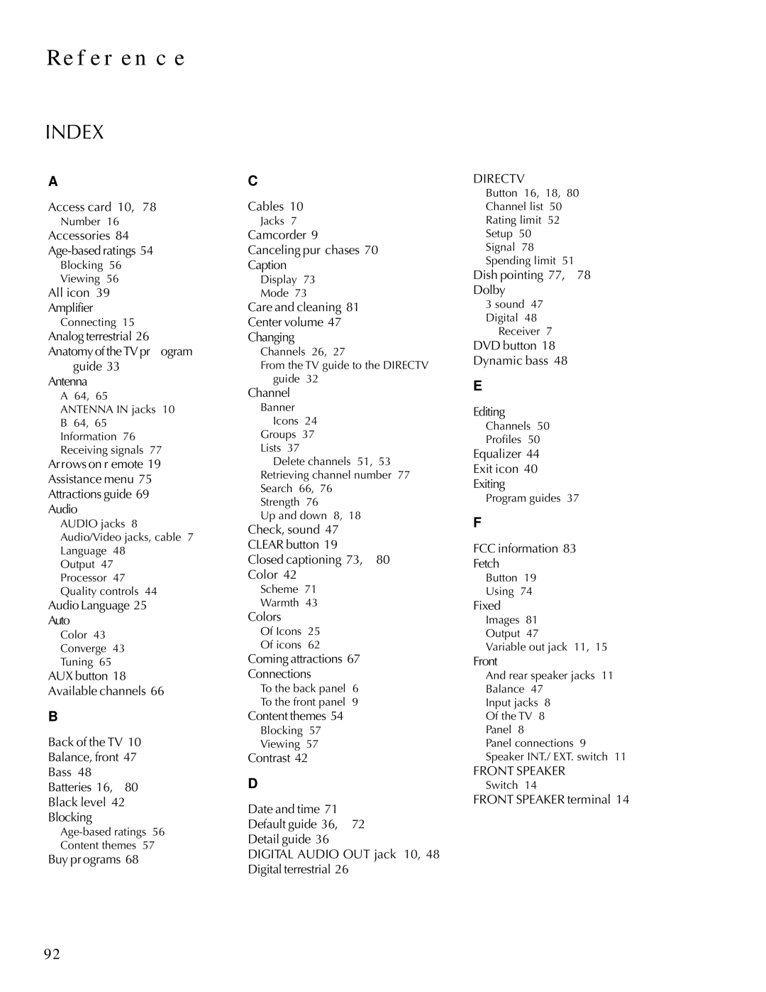 DirecTV HDTV user manual Index, Channel 