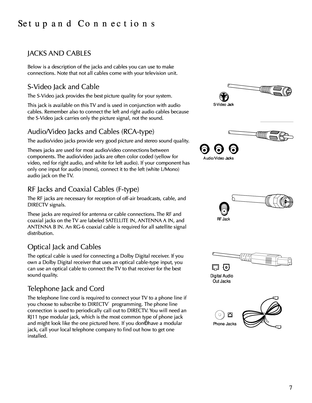 DirecTV HDTV Jacks And Cables, S-Video Jack and Cable, Audio/Video Jacks and Cables RCA-type, Optical Jack and Cables 