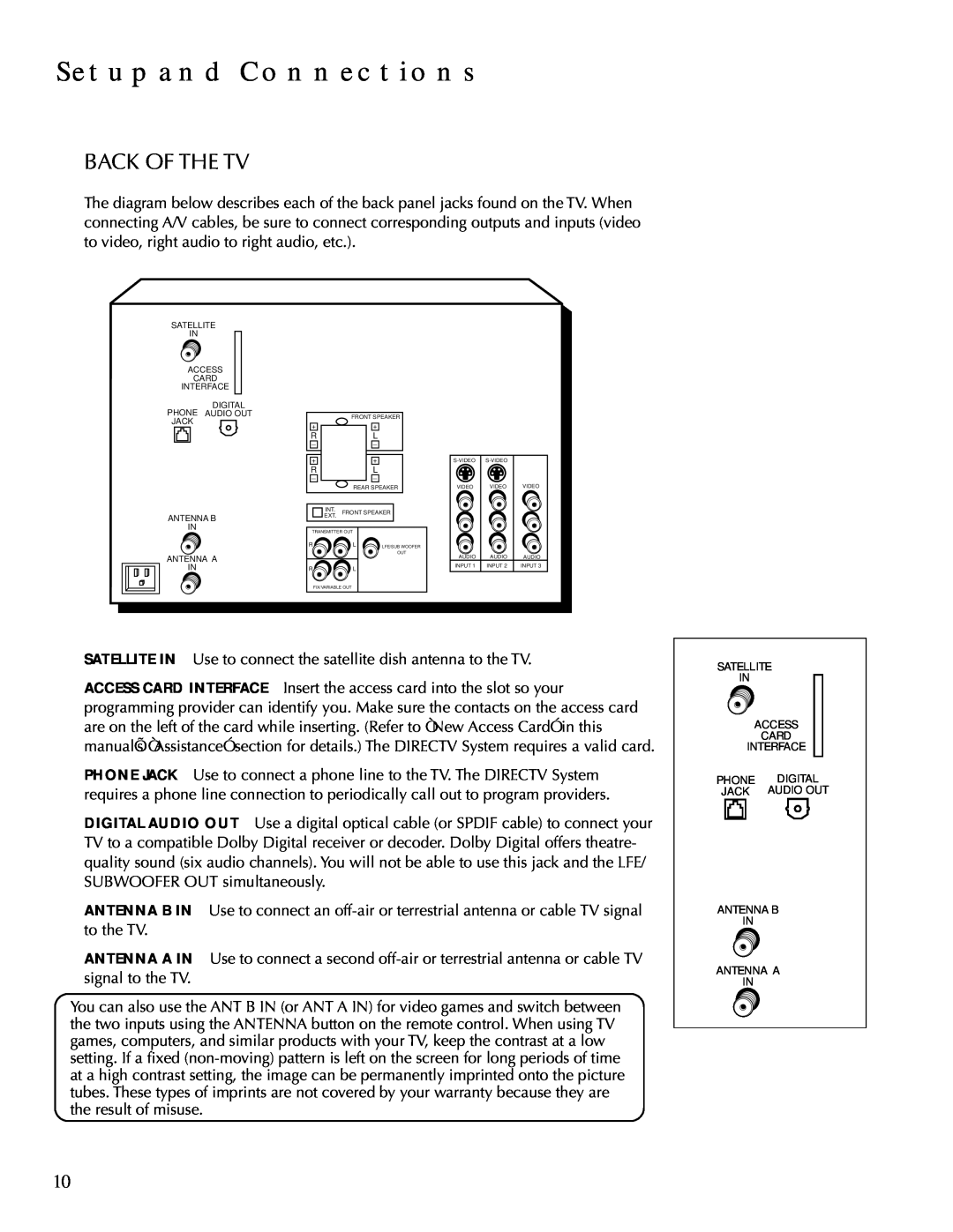 DirecTV HDTV user manual Back Of The Tv, Setup And Connections 