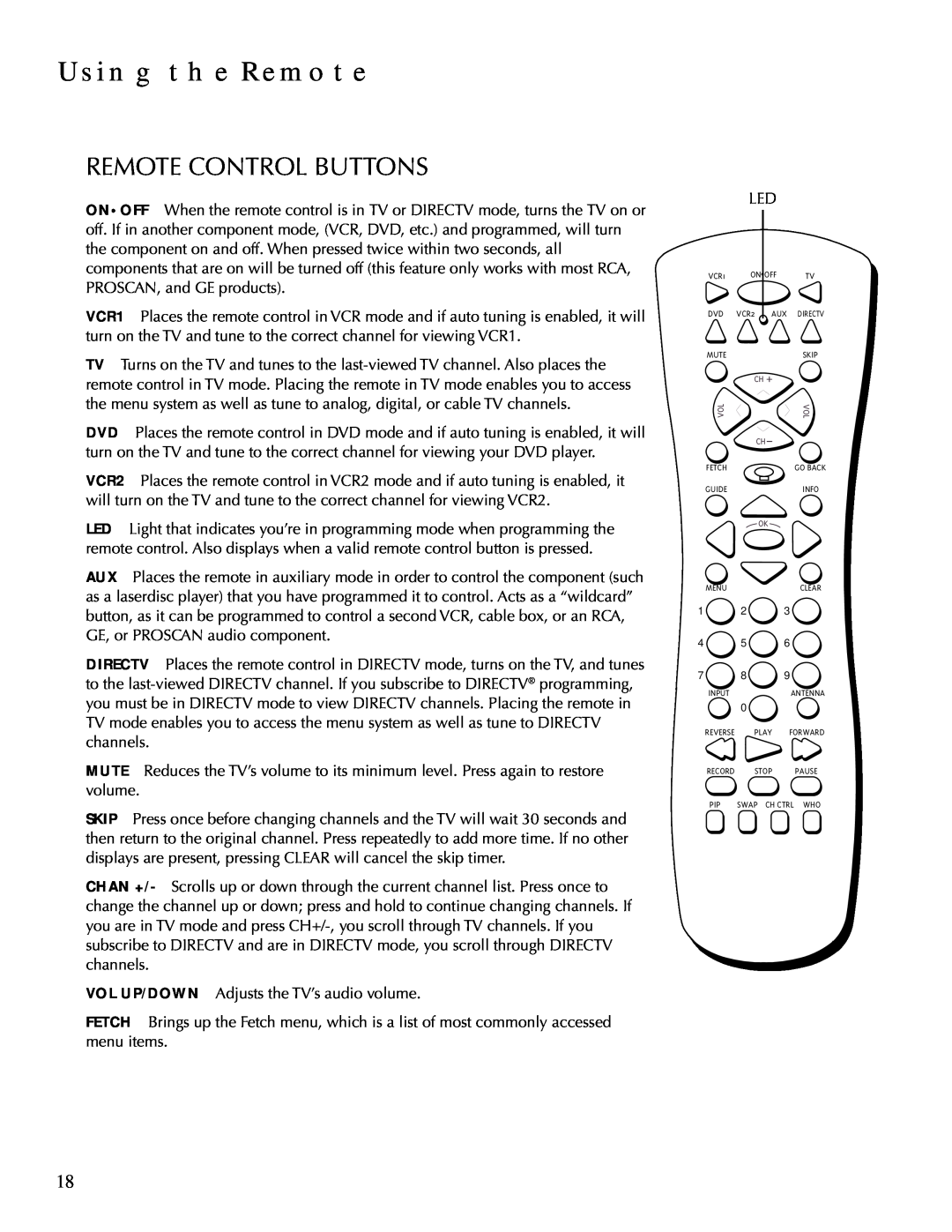 DirecTV HDTV user manual Using The Remote, Remote Control Buttons 