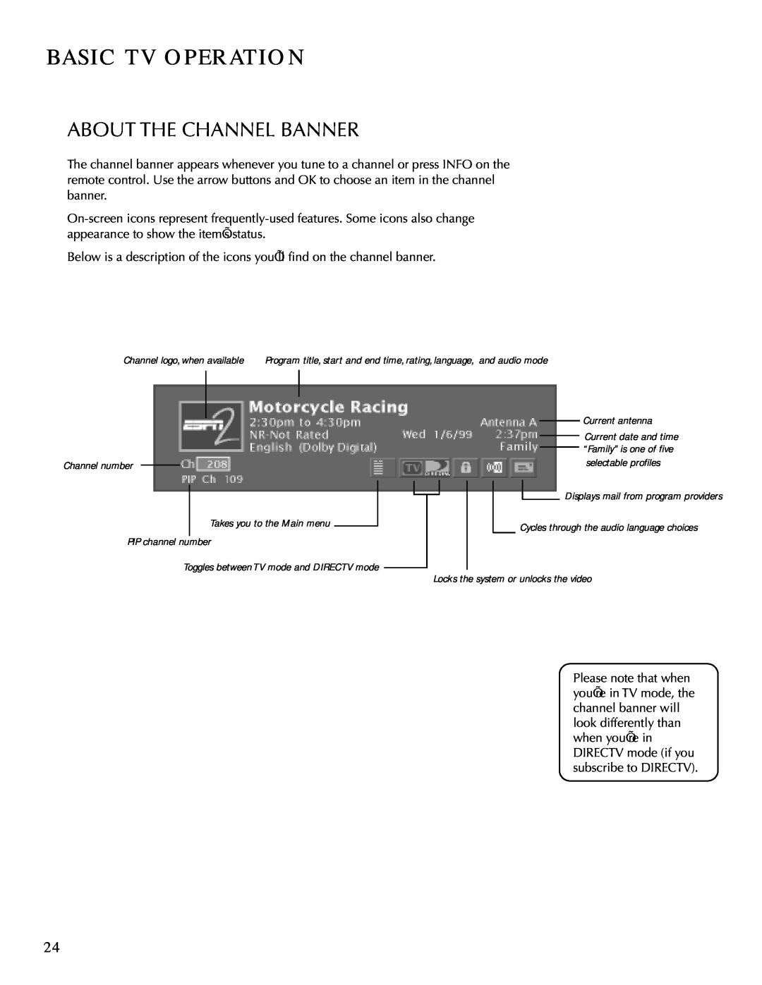 DirecTV HDTV user manual Basic Tv Operation, About The Channel Banner 