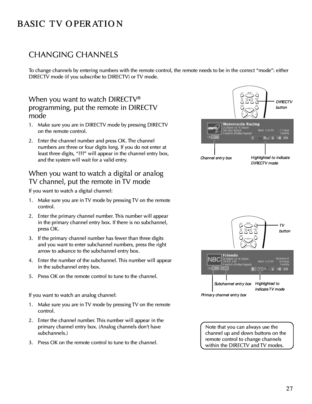DirecTV HDTV Changing Channels, Basic Tv Operation, When you want to watch DIRECTV, programming, put the remote in DIRECTV 