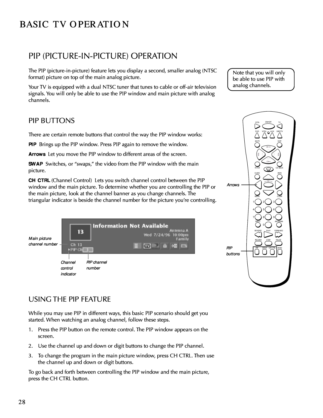 DirecTV HDTV user manual Pip Picture-In-Picture Operation, Pip Buttons, Using The Pip Feature, Basic Tv Operation 
