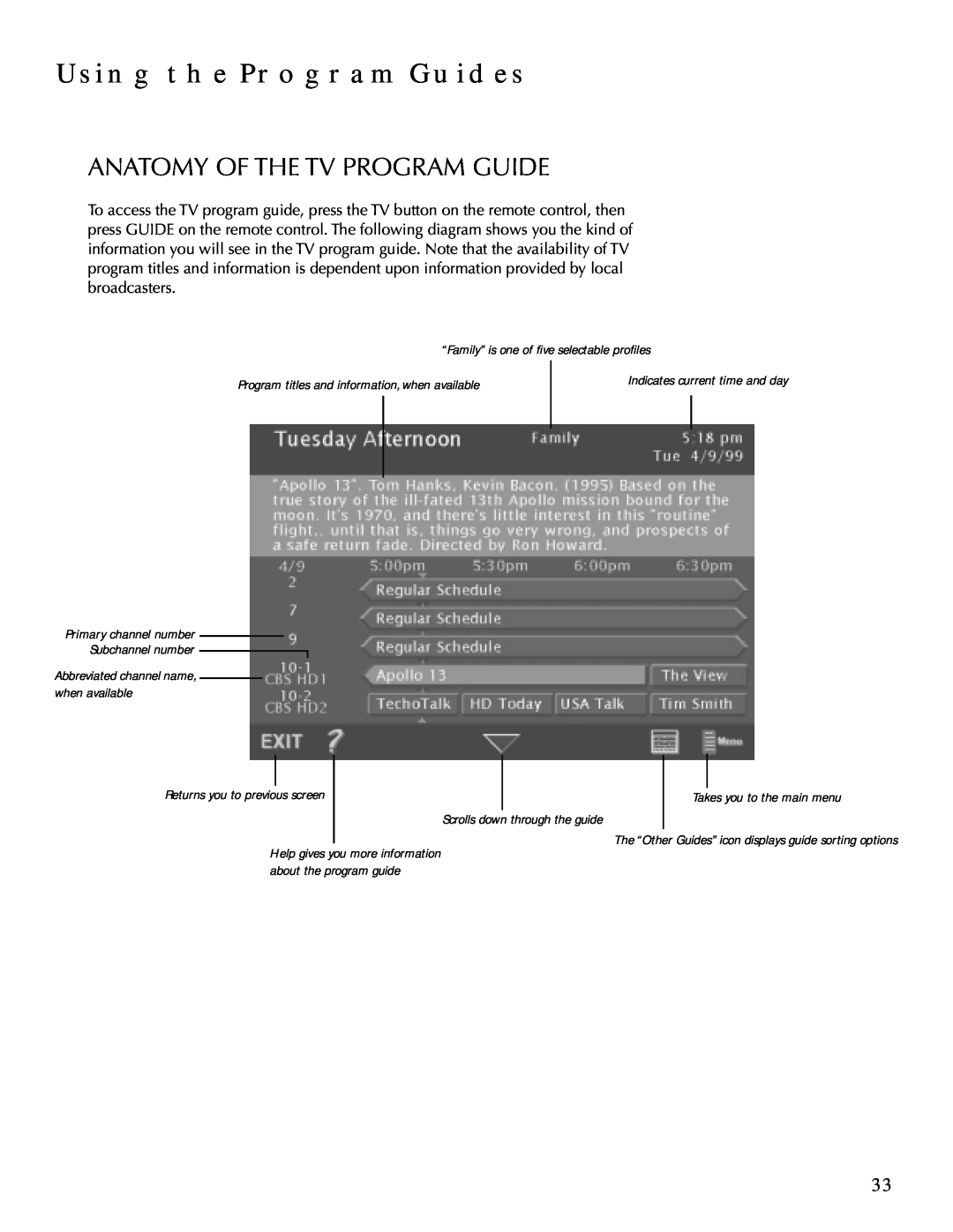 DirecTV HDTV user manual Anatomy Of The Tv Program Guide, Using The Program Guides 